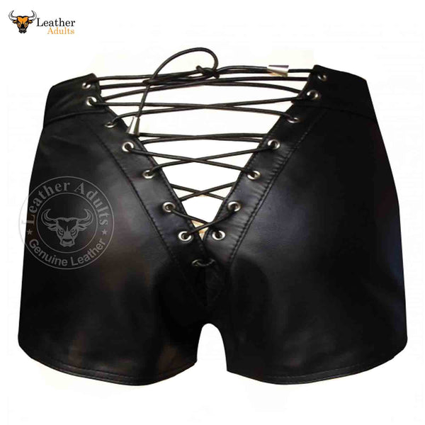 MENS Black GENUINE LEATHER Shorts With Full Lace Back Gay Shorts
