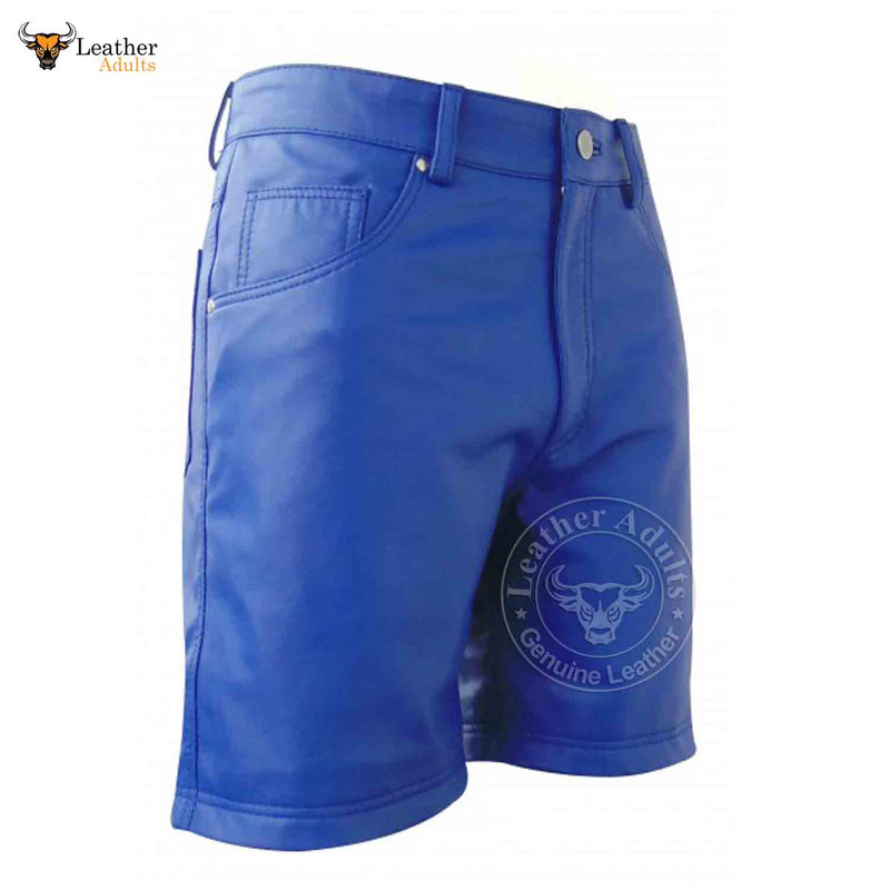 MENS 100% GENUINE BLUE LEATHER BERMUDA SHORTS with Five Pockets