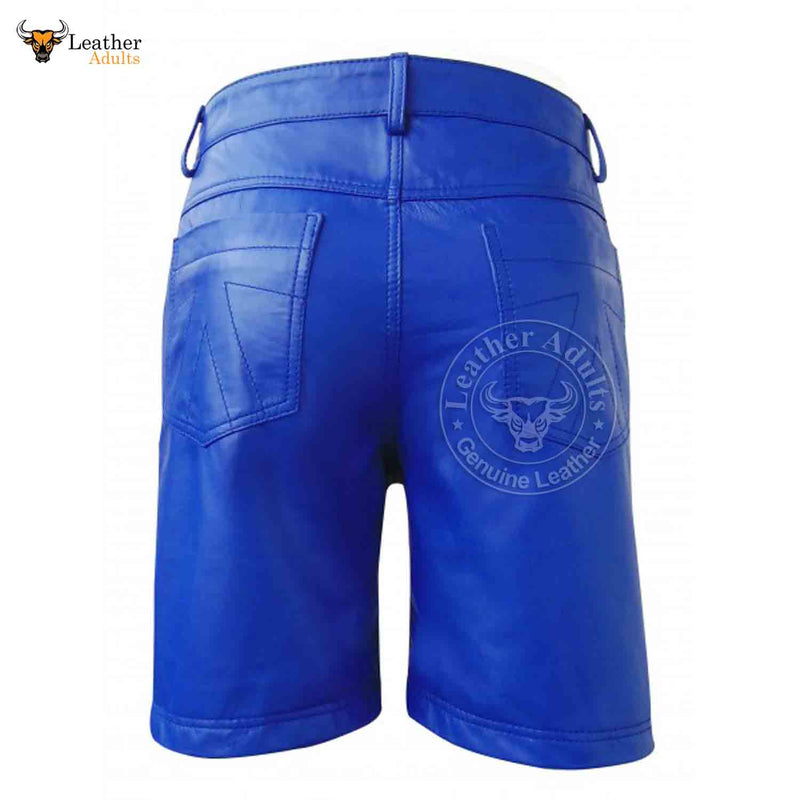 MENS 100% GENUINE BLUE LEATHER BERMUDA SHORTS with Five Pockets