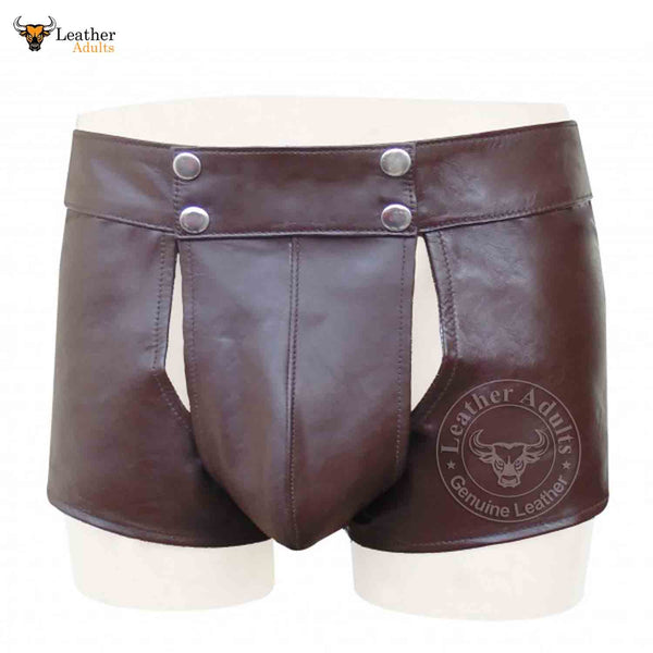 Mens Real Brown Leather Short With Detachable Front Pouch Codpiece Front opening Gay Shorts