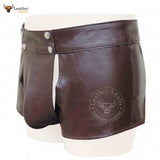 Mens Real Brown Leather Short With Detachable Front Pouch Codpiece Front opening Gay Shorts