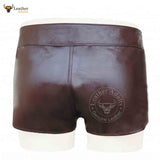 Mens Real Brown Leather Short With Detachable Front Pouch Codpiece Front opening Gay Shorts