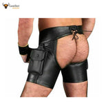 Men's Black Cowhide Leather Chaps Shorts Leather Chaps Shorts With Wrist Bands
