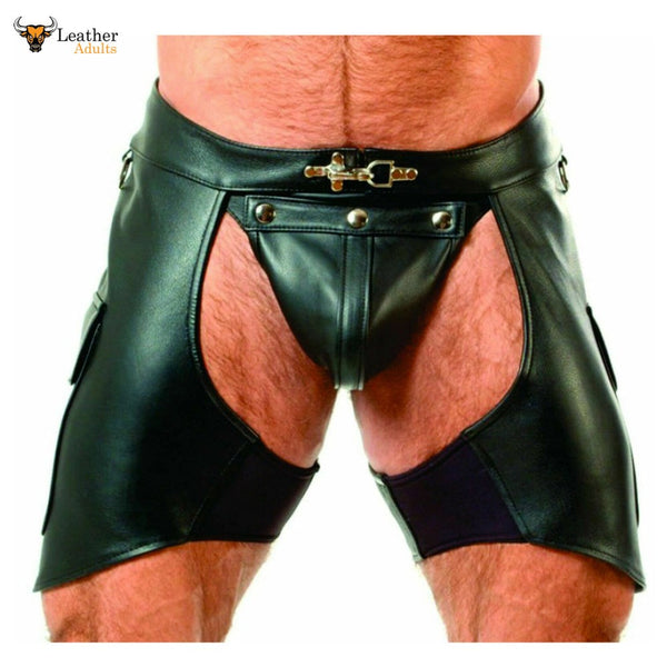 Men's Real Leather Chaps Shorts Cargo Pockets Bikers Chaps With Jockstrap