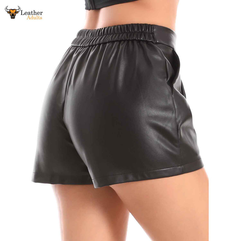 Womens Elastic Waist Loose Shorts Real Lambskin Leather Shorts with Pockets