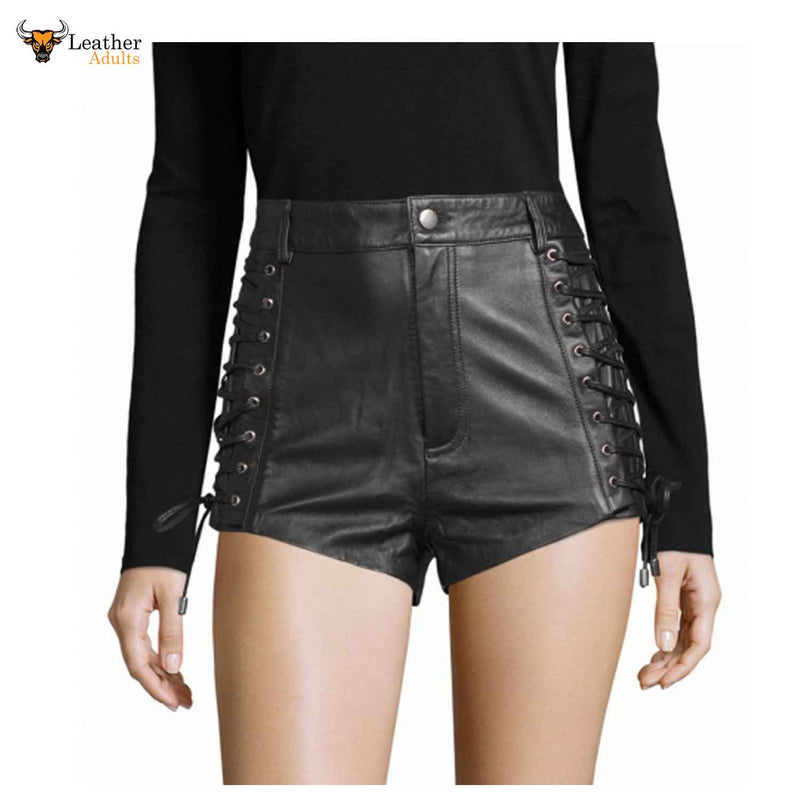 Womens Black Real Lambskin Leather Shorts Rider Ladies Black Lace Up Leather Shorts