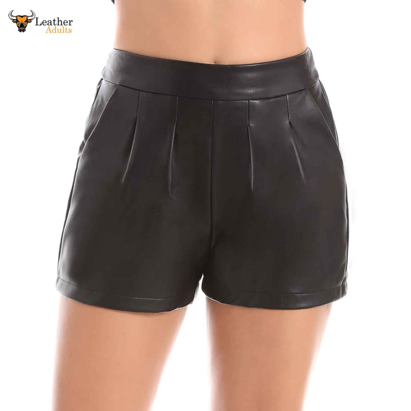 Womens Elastic Waist Loose Shorts Real Lambskin Leather Shorts with Pockets