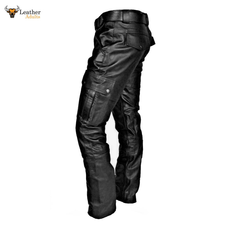 Men's Black Real Leather Pants Cargo 6 Pockets Pants Bikers Leather Breeches Trousers