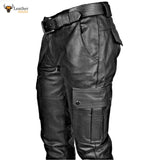 Men's Black Real Leather Pants Cargo 6 Pockets Pants Bikers Leather Breeches Trousers