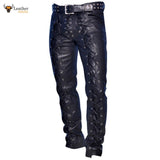 Men's Real Leather Bikers Pants Front and Back Laces Up Bikers Pants Trousers
