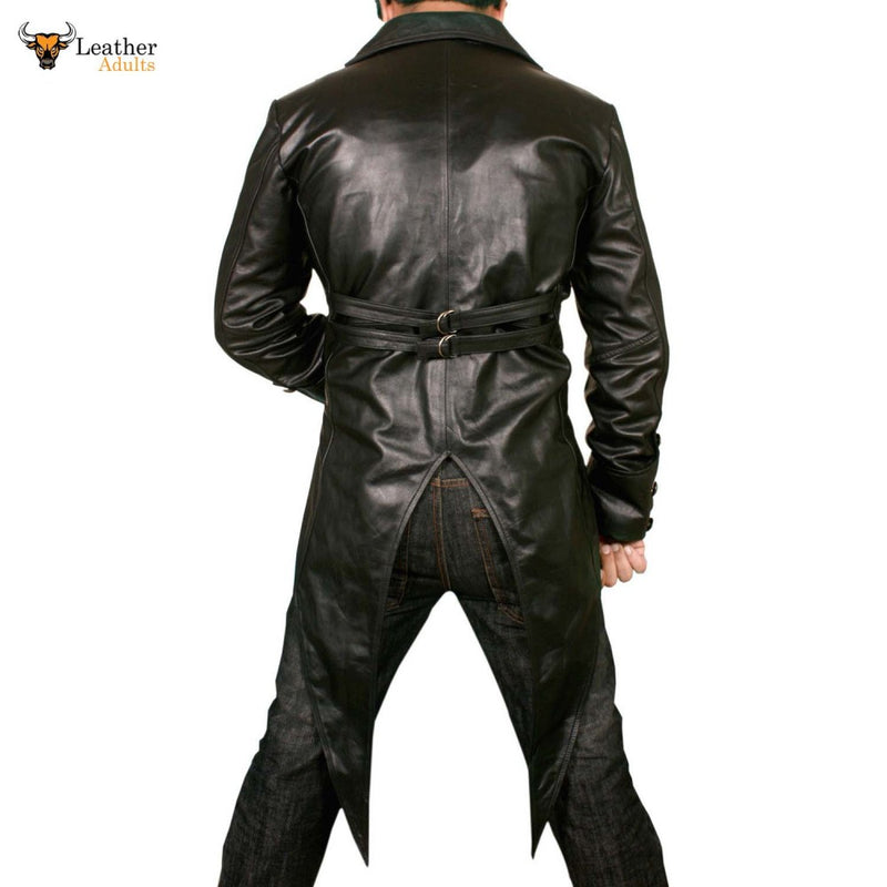 Men's 100% REAL LEATHER Black TAILCOAT Steampunk Jacket Morning Dress Coat GOTH