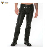 Men's Real Leather Bikers Pants Leather Pants With Detachable Front Codpiece