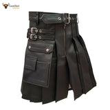 Mens Black Real Cowhide Leather Gladiator Pleated Kilt