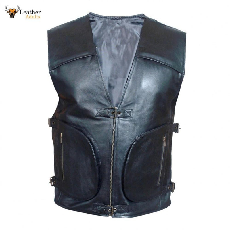 Black Mens Real Leather Gilet Biker Cut Waistcoat Vest Most Sizes VEST 21