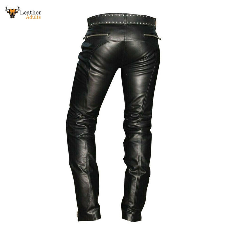 Men's Real Cowhide Leather Quilted Panels Slim Fit Trousers Pants Bikers Jeans Lederhosen