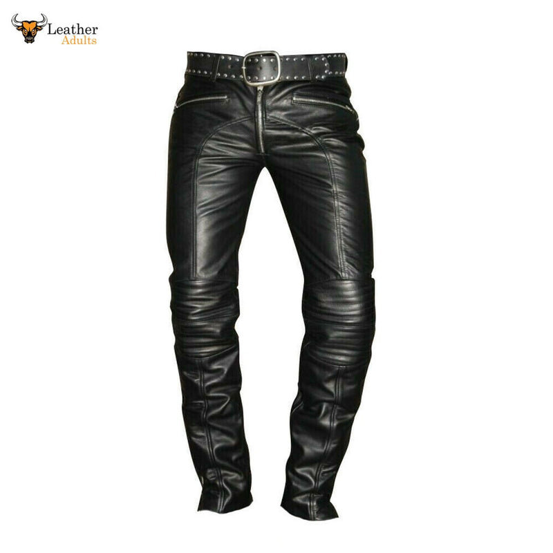 Men's Real Cowhide Leather Quilted Panels Slim Fit Trousers Pants Bikers Jeans Lederhosen