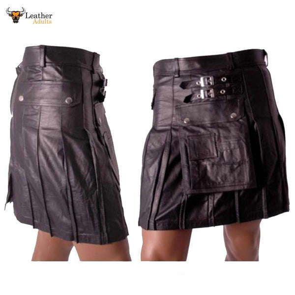 Men's Real Leather Black Utility Cargo Kilt Choice of Length and Sizes