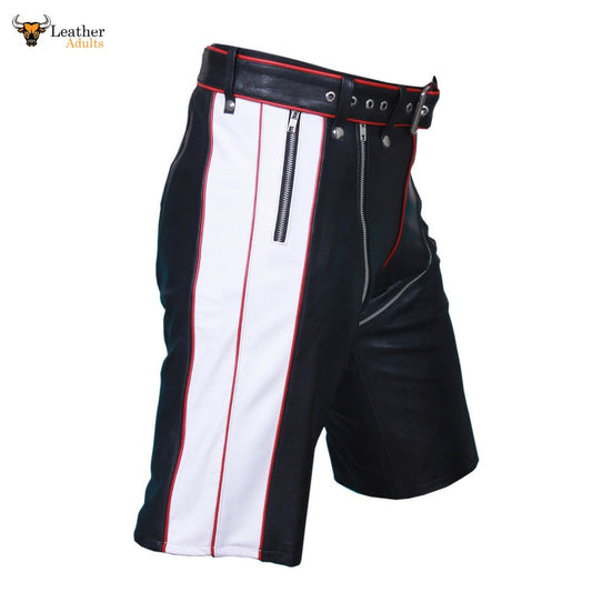Mens Genuine Cow Leather Black and Red Contrast Chaps Shorts Club wear Shorts
