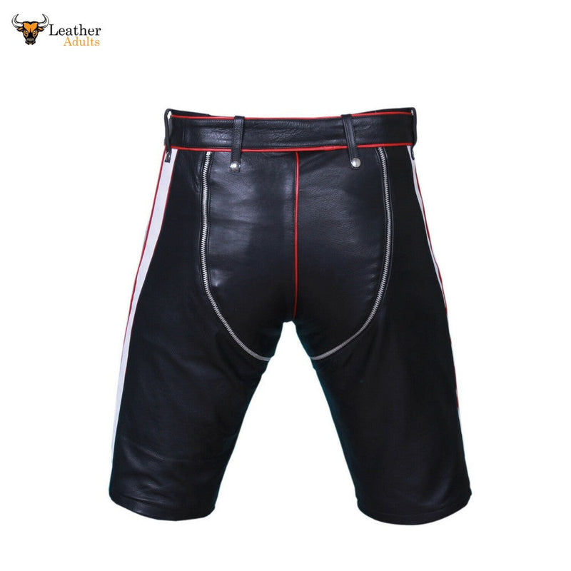 Mens Genuine Cow Leather Black and Red Contrast Chaps Shorts Club wear Shorts