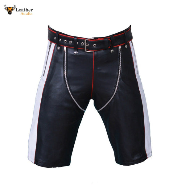 Mens Genuine Cow Leather Black and Red Contrast Chaps Shorts Club wear Shorts