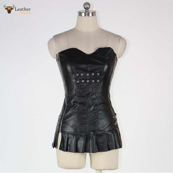 Womens Genuine Leather Clubwear Back Lace-up Strapless Black Sexy Club Dress