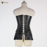 Womens Genuine Leather Clubwear Back Lace-up Strapless Black Sexy Club Dress