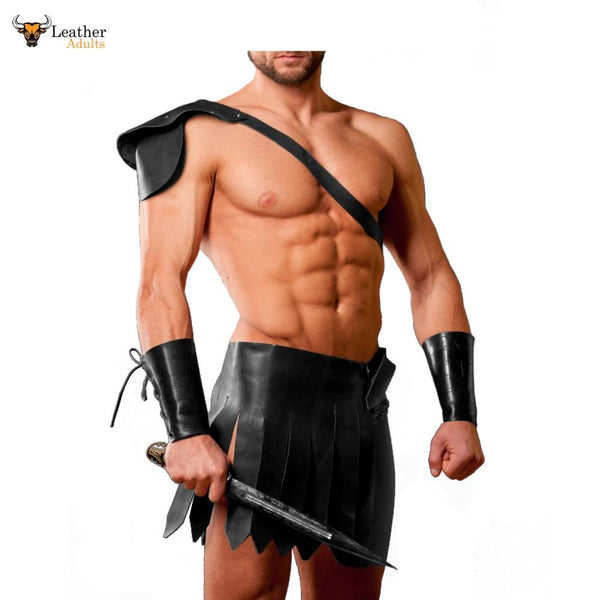 Leather Black Roman Gladiator Kilt Set with Gauntlets LARP Most Sizes