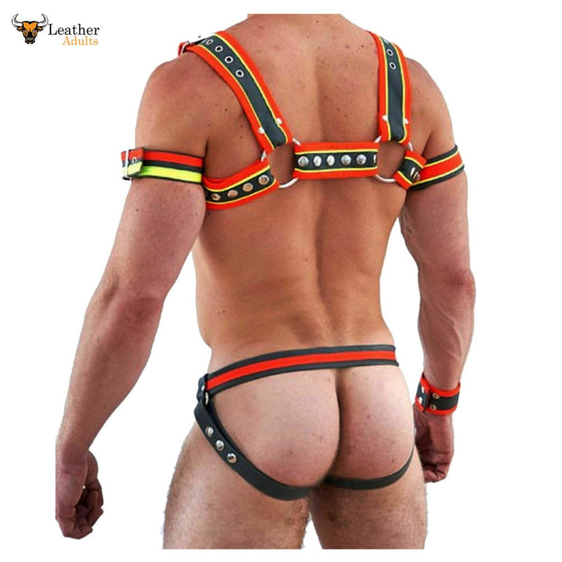 Mens Multi Color Real Leather Chest Harness Gay Interest Adjustable With Jock Straps
