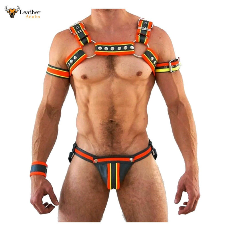 Mens Multi Color Real Leather Chest Harness Gay Interest Adjustable With Jock Straps