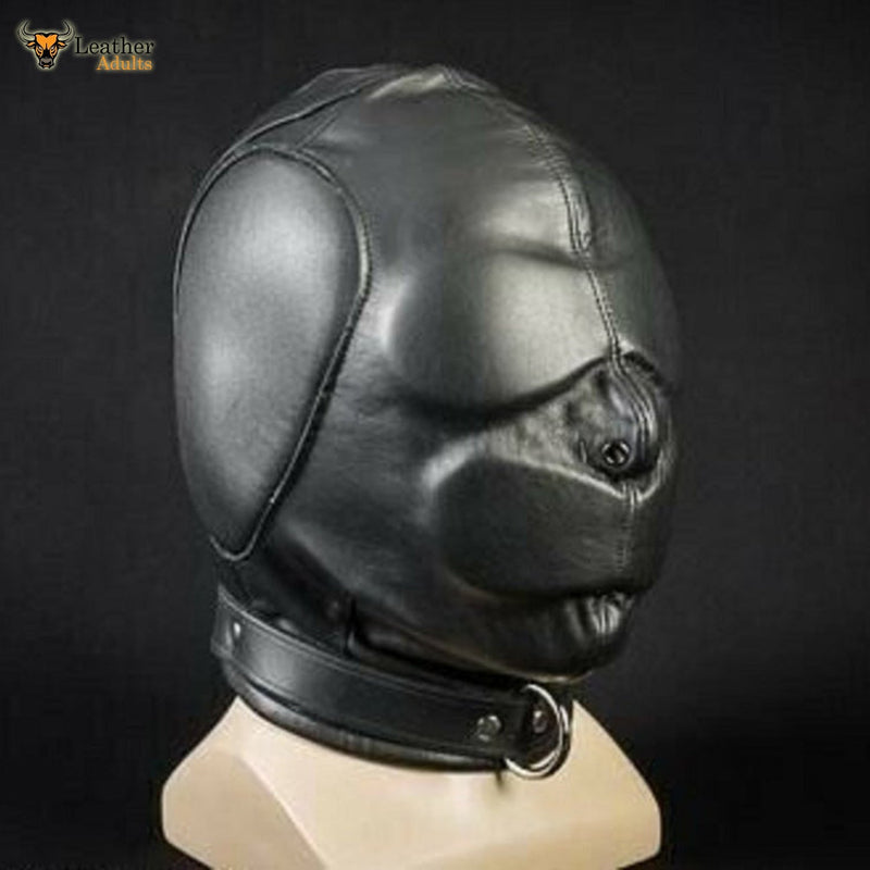 Men Sensory Deprivation Hood Bondage BDSM Padded Mask Black Soft Leather Unisex