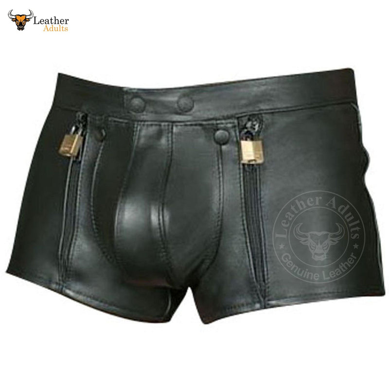 Mens Black Real Cowhide Leather Chastity Shorts Double Zips Shorts