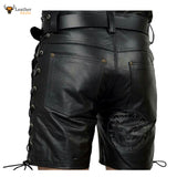 Mens Handmade Black Genuine Leather Shorts Side Laces Shorts Party Wear Shorts