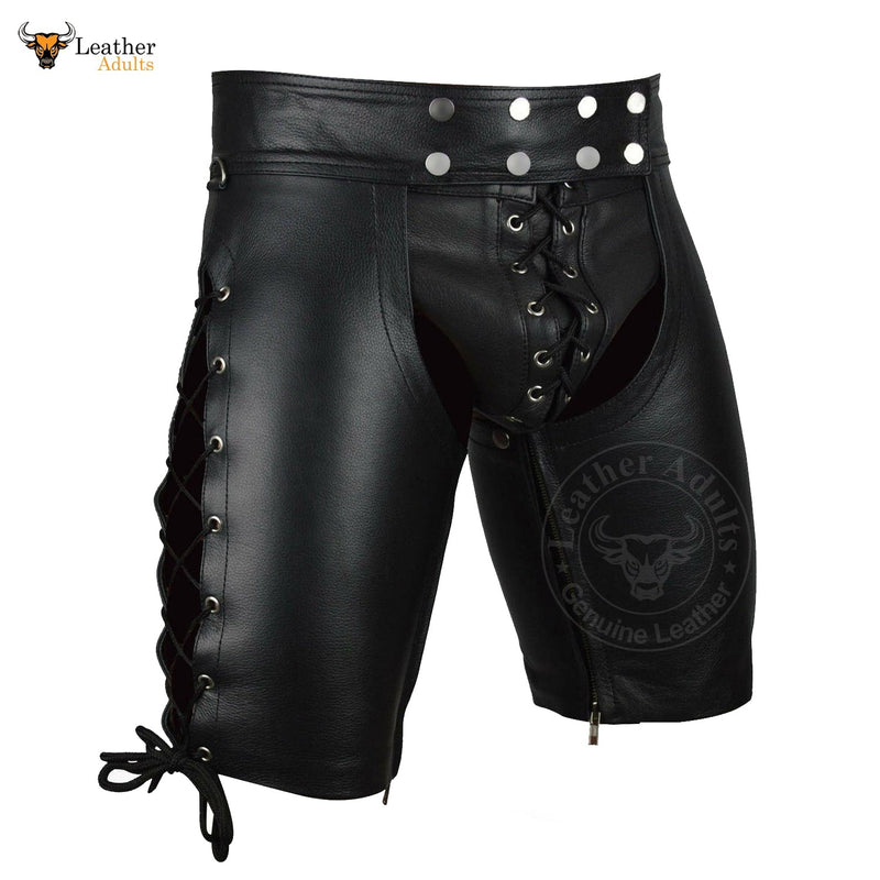 Men's Genuine Black Cow Leather Laced Chaps Club wear Shorts With Jockstrap