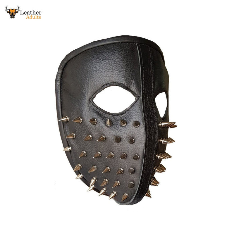 Men Punk Biker Genuine Leather Full face spike Mask Masquerade Black Cosplay