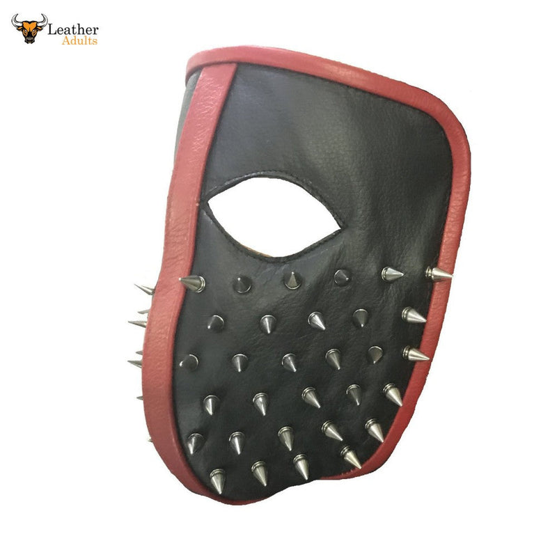 Men Punk Biker Genuine Leather Full face spike Mask Masquerade Black Cosplay