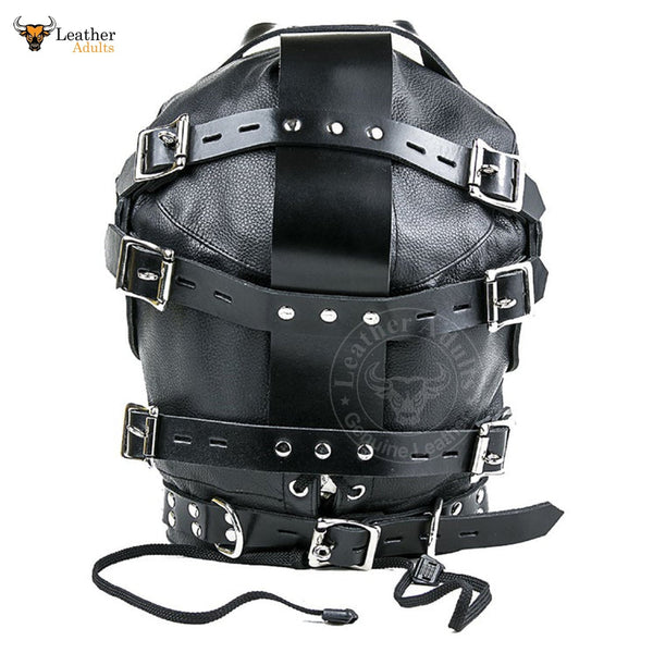 Genuine Black Leather Bondage BDSM Hood Gimp Mask with Blindfold And Locking Mouth Zip