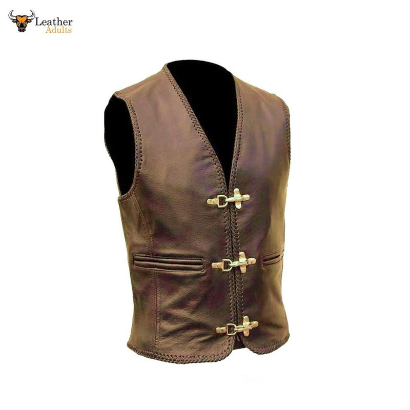 Men's Pure Cows Brown Leather Biker Style Waistcoat Vest Most Sizes