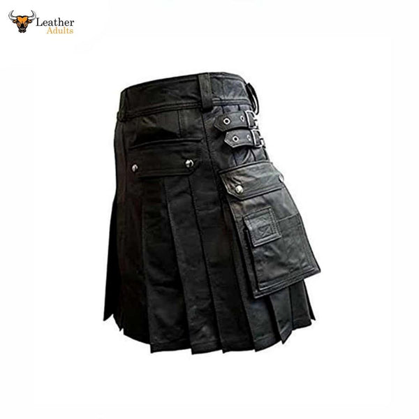 Mens Leather Gladiator Pleated Kilt – K5 -BLK
