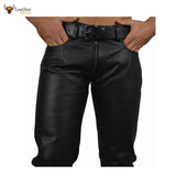 Men's Real Cowhide Leather Pants Double Zipped Leather Gay Pants Trousers