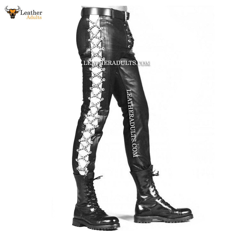 Mens Genuine Leather Front Lace up Skinny Sides Fixed Silver Chains Jeans Style Trousers