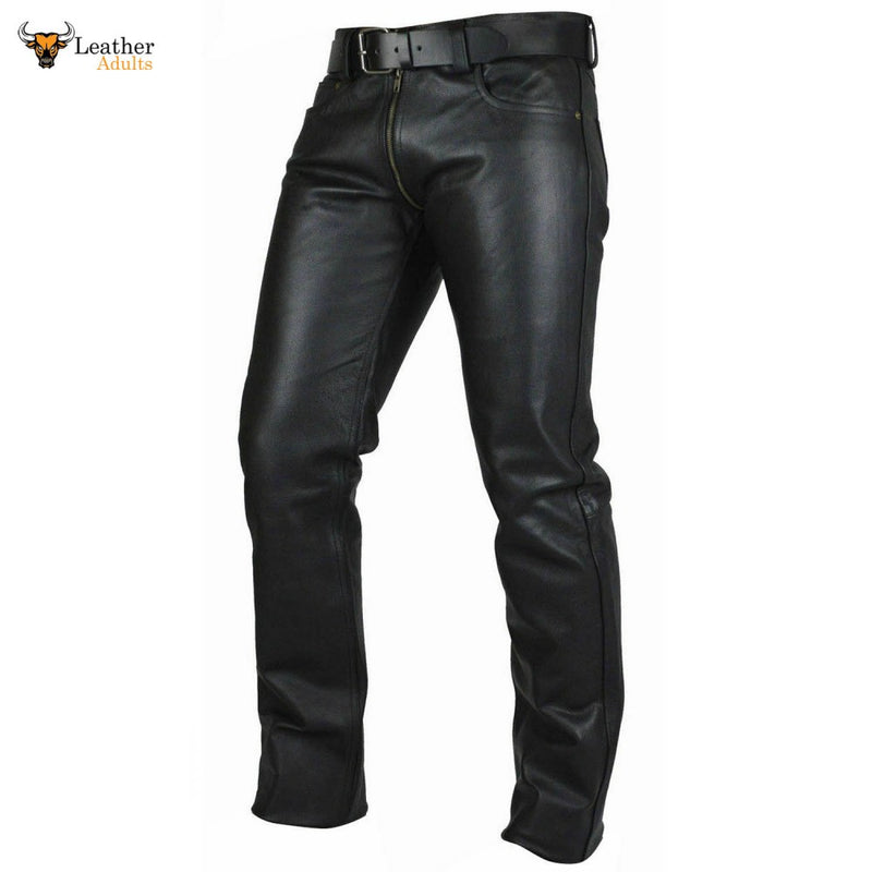 Men's Real Cowhide Leather Pants Double Zipped Leather Gay Pants Trousers