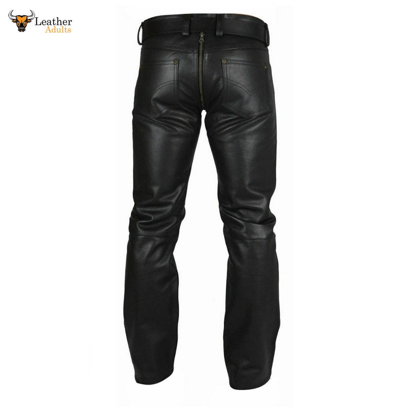 Men's Real Cowhide Leather Pants Double Zipped Leather Gay Pants Trousers