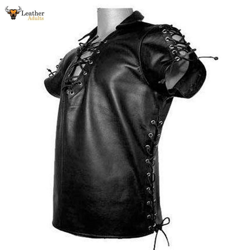 Sexy Men's Black PURE LEATHER Side Laced Shirt BLUF Gay All Sizes Available
