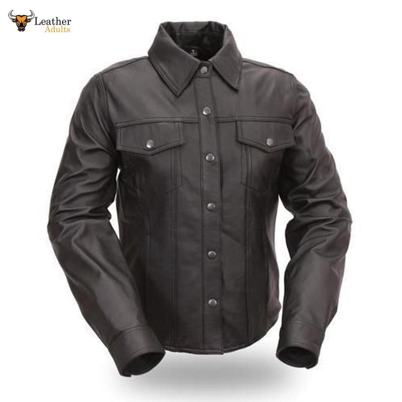 REAL LEATHER Men's Long Sleeve Black Police Military Style Shirt BLUF Most Sizes