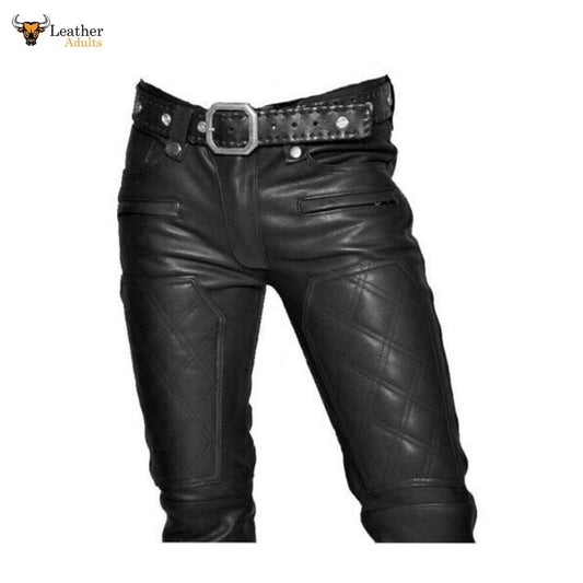 Mens Real Leather Bikers Pants Quilted Panels Slim Fit Bikers Leather Trousers BLUF Pants