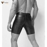 New Black Real Leather jean style mid thigh shorts Codpiece Front opening Gay Shorts