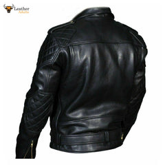 Men's Real Leather Quilted Panels Bikers Jacket Thick Cow Leather Bikers Jacket