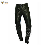 Mens Real Leather Bikers Pants Side and Front Laces Up Blue Contrast Leather Trousers