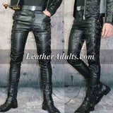 Men's Real Leather Slim Fit Bikers Pants Side and Front Laces Up Bikers Pants Trousers