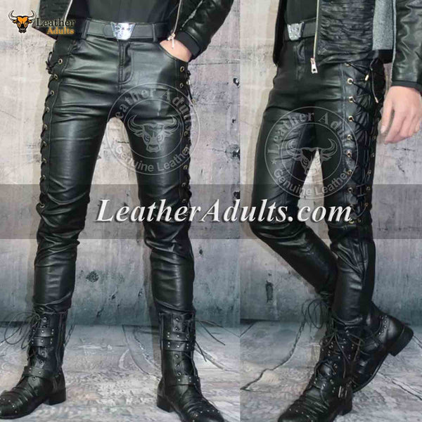 Men's Real Leather Slim Fit Bikers Pants Side and Front Laces Up Bikers Pants Trousers